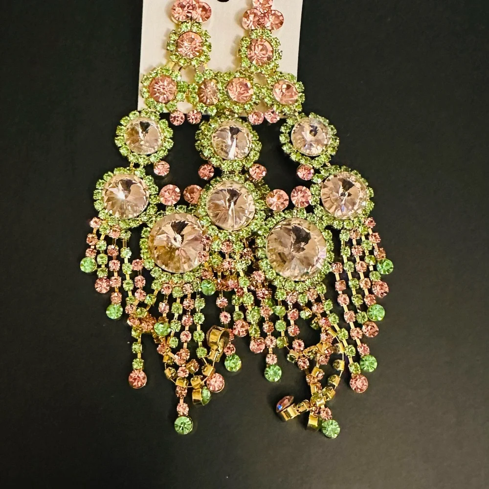 Elegant Pink and Green Chandelier Earrings - Picture 1 of 3